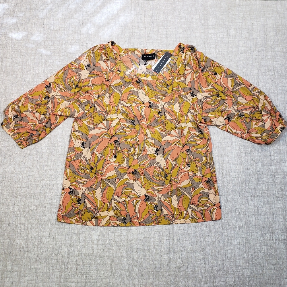 NWT Premise Floral Orange and Gold Floral Print Blouse Size XL